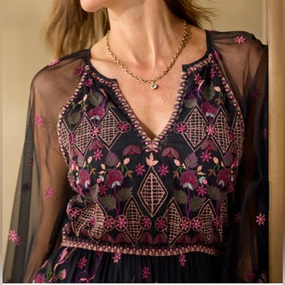 Sundance Soiree In Vienna Dress Black Sheer Embroidered Floral Maxi Boho Size PS - Picture 7 of 11